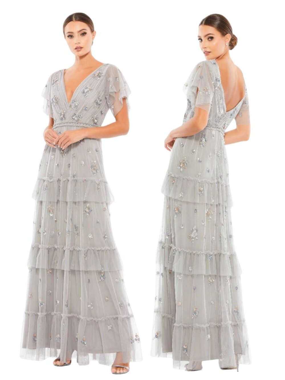 NWT Mac Duggal Gray Ruffle Tiered Embellished Flutter Sleeve Gown, Size 6